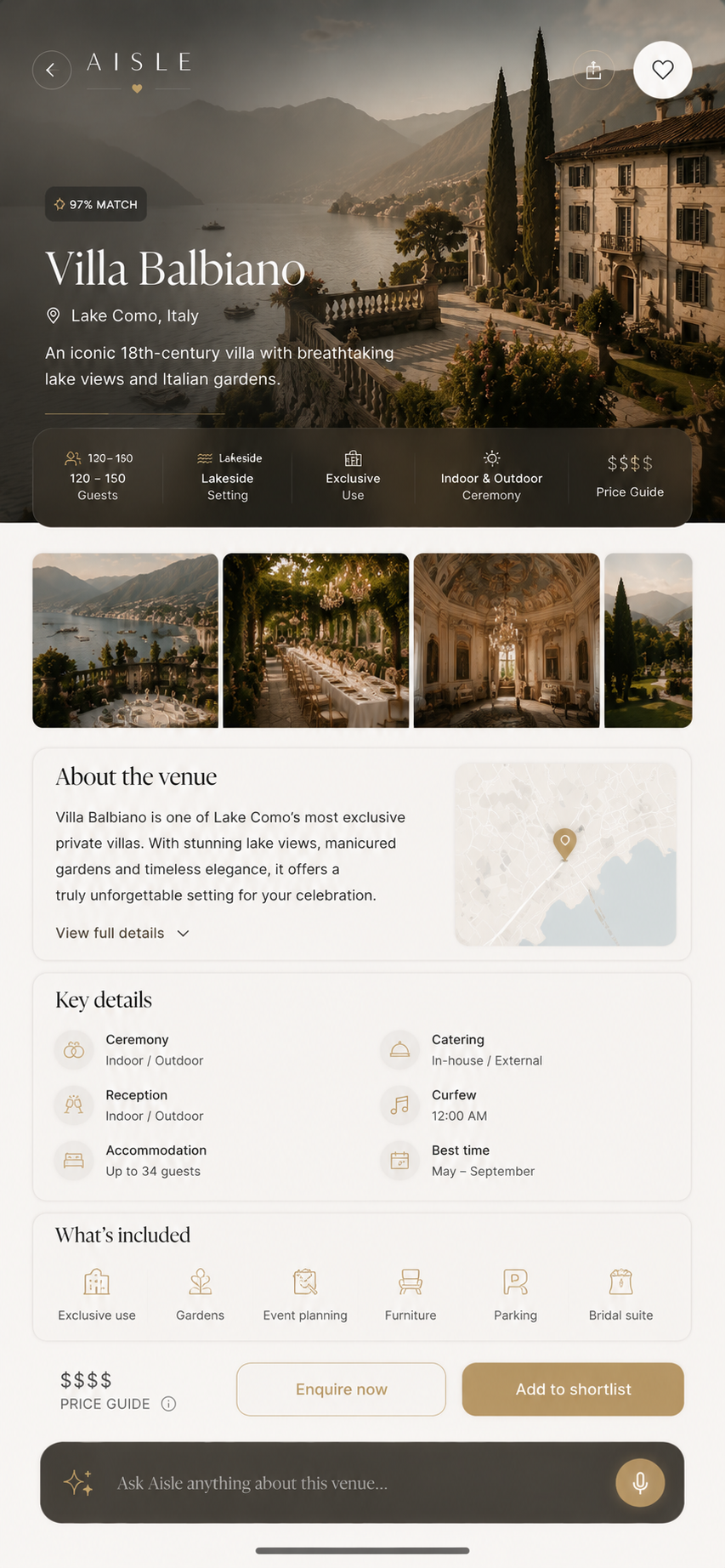 AISLE venue detail page for Villa Balbiano