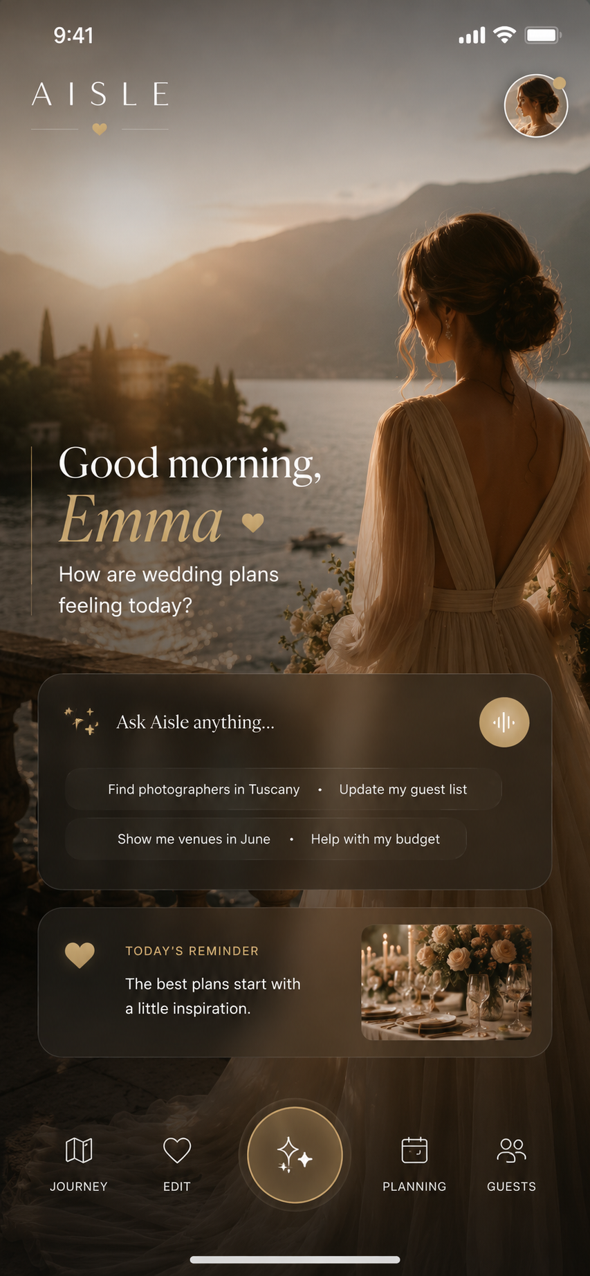 AISLE home screen greeting Emma with an assistant prompt