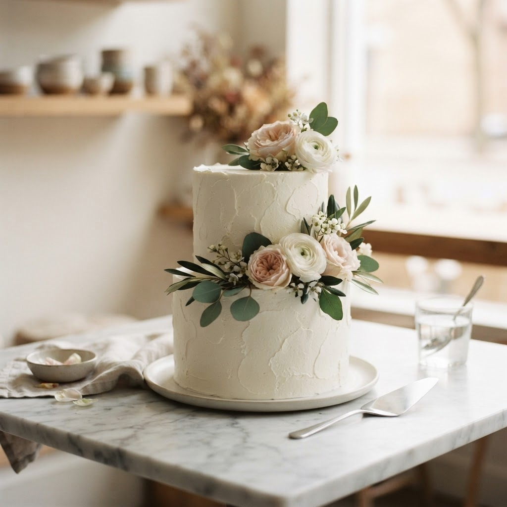 An elegant minimalist white wedding cake with fresh flowers