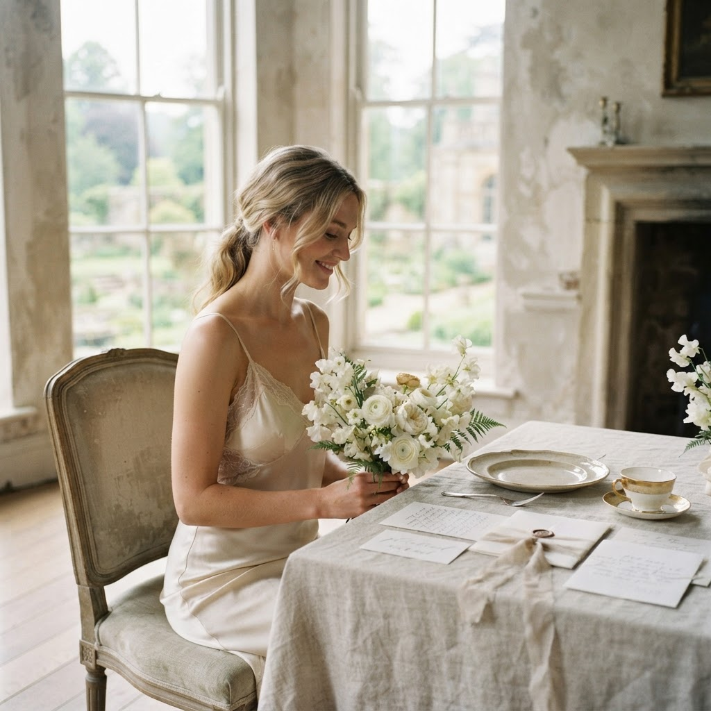 A bride at a linen-draped table in a sunlit English manor
