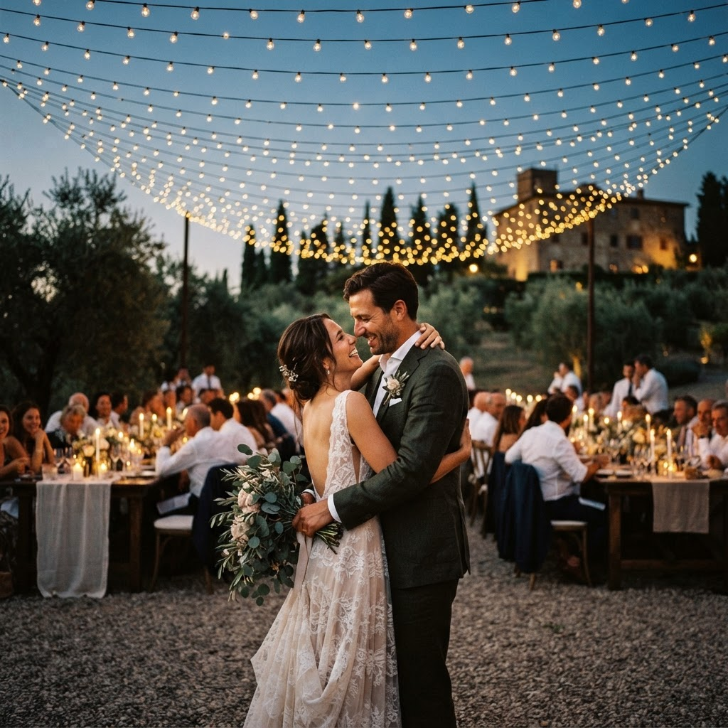 A couple embracing under string lights at a Tuscan reception at dusk
