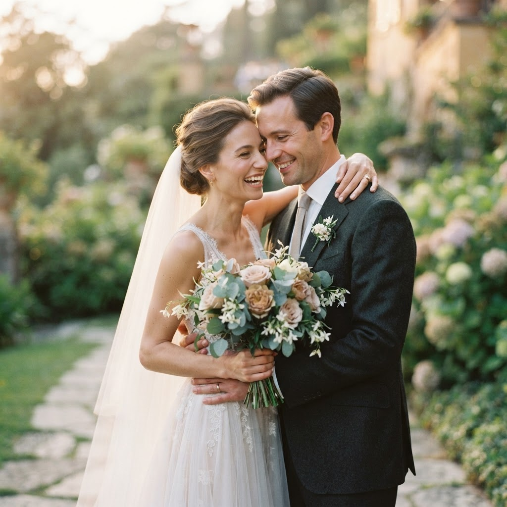 A newlywed couple in soft golden hour light