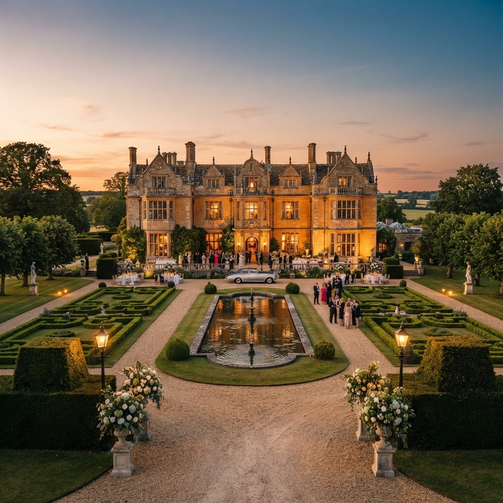 A grand English manor house venue at golden hour